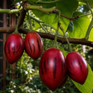 Könnte beinhalten: Nahaufnahme von Tamarillo-Früchten, die an einem Ast hängen. Die Früchte sind oval geformt, mit tiefroter Schale und dunklen vertikalen Streifen. Der Hintergrund zeigt grüne Blätter und eine verschwommene Ansicht eines Gartens.