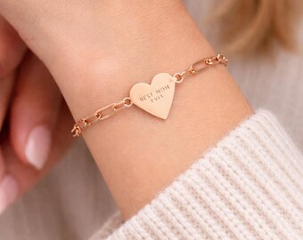 Pulsera con dije de corazón grabado – Acero inoxidable dorado, regalo para el Día de la Madre, joyería de uso diario, regalo para mamá, Día de la Madre