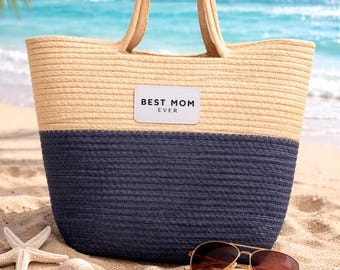 Bolso de paja tejido a mano - Bolso de playa para mamá, bolso de mercado, Día de la Madre, regalo para mamá, bolsos para ella, la mejor mamá del mundo