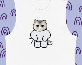 Camiseta sin mangas con estampado de gatito regordete y adorable para hombres y mujeres.