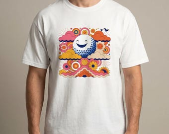 Camiseta con pelota de golf feliz en una nube