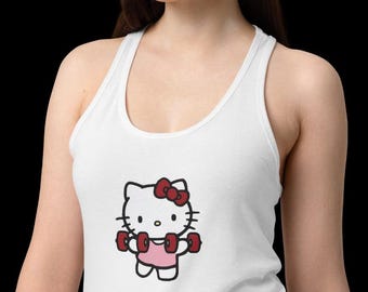 Camiseta sin mangas estilo nadadora con espalda cruzada y estampado de Hello Kitty levantando pesas.