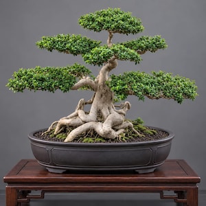 May include: A bonsai tree with a thick, light-colored, gnarled trunk and exposed roots, featuring multiple horizontal layers of dense, small green leaves. The tree is planted in a dark, oval-shaped ceramic pot filled with dark soil and moss.
