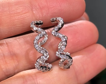 Sterling Silver Wavy Diamond Hoop Earrings – Lab-Grown Pave Huggie Jewelry