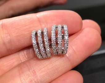 Three Rows Lab-Grown Diamond Hoop Earrings, 1.24 Carat, 925 Sterling Silver, Medium Hoops