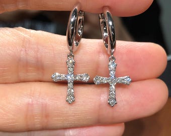 925 Sterling Silver Lab-Grown Diamond Cross Earrings Hoop Gift for Her