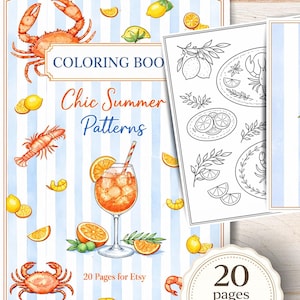 20 pages à colorier, livre de coloriage pour adultes motifs Élégants, Patterns Bord de Mer, téléchargement immédiat, fichier PDF imprimable.