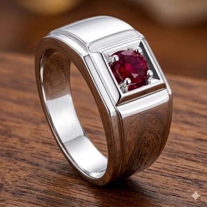 Op de afbeelding: Een zilveren ring met een rechthoekige voorkant met een heldere, ronde, rode edelsteen. De ring heeft een gepolijst, reflecterend oppervlak en een klassiek, elegant ontwerp, geschikt voor diverse gelegenheden.