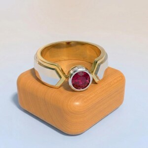 Two-Tone Sterling Silver Gold Ruby Ring, Geometric Bezel Band, Modern Statement Jewelry