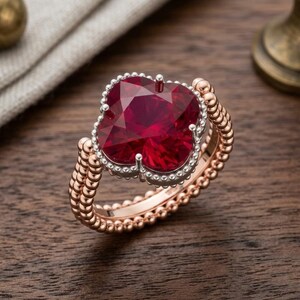 May include: A ring featuring a large, deep red, clover-shaped gemstone set in a silver-toned frame with a beaded edge. The band is constructed from three rows of small, metallic rose gold-toned beads, creating a textured, spherical appearance.