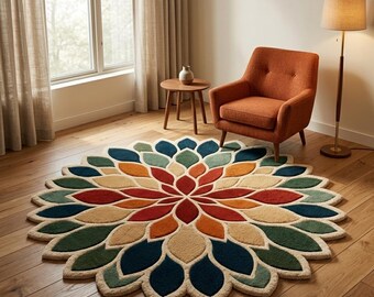 Hand Tufted Wool Floral Rug, Round Mandala Area Rug