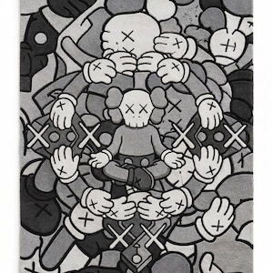 May include: A rectangular rug featuring a grayscale graphic illustration of multiple cartoon-style figures with X-shaped eyes. A central figure sits in a cross-legged position, surrounded by a circular arrangement of hands and additional character heads.