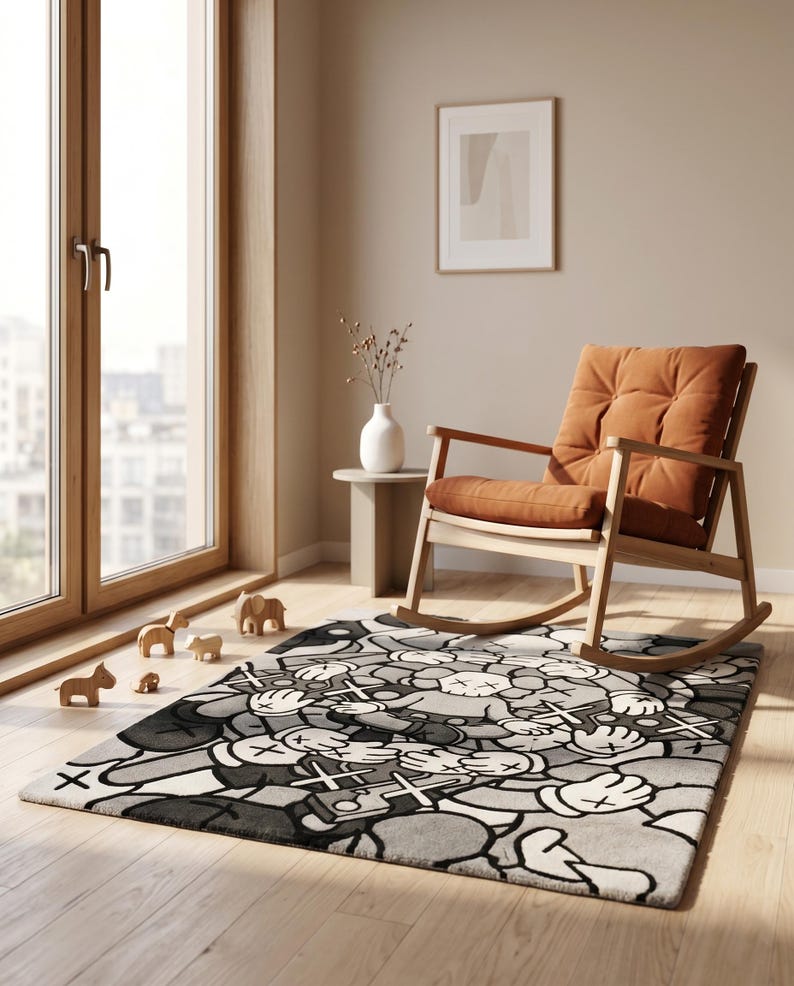 May include: A rectangular area rug featuring a repeating pattern of cartoon-style characters with gloved hands and X-shaped eyes in shades of gray, black, and white. The rug is positioned on a light wood floor in a room with a wooden rocking chair.