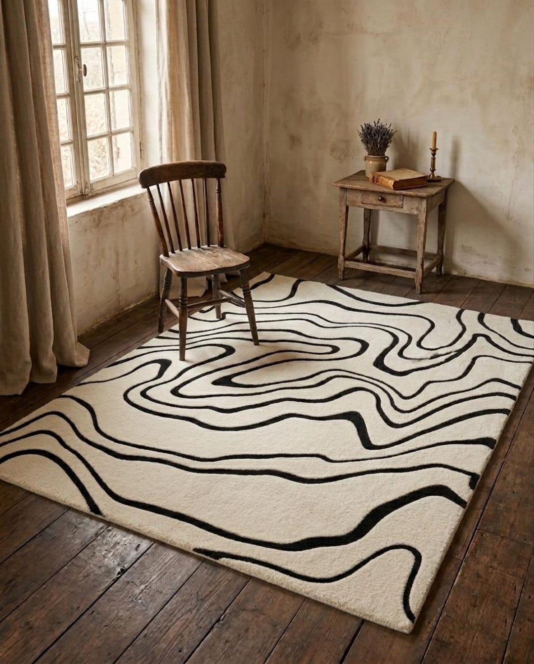 Hand Tufted Wool Rug | Modern Abstract Black Wavy Lines - Etsy