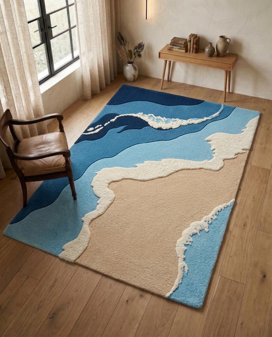 Hand Tufted Rug, Ocean Wave Design, Blue and Sand, Coastal Area Rug - Etsy