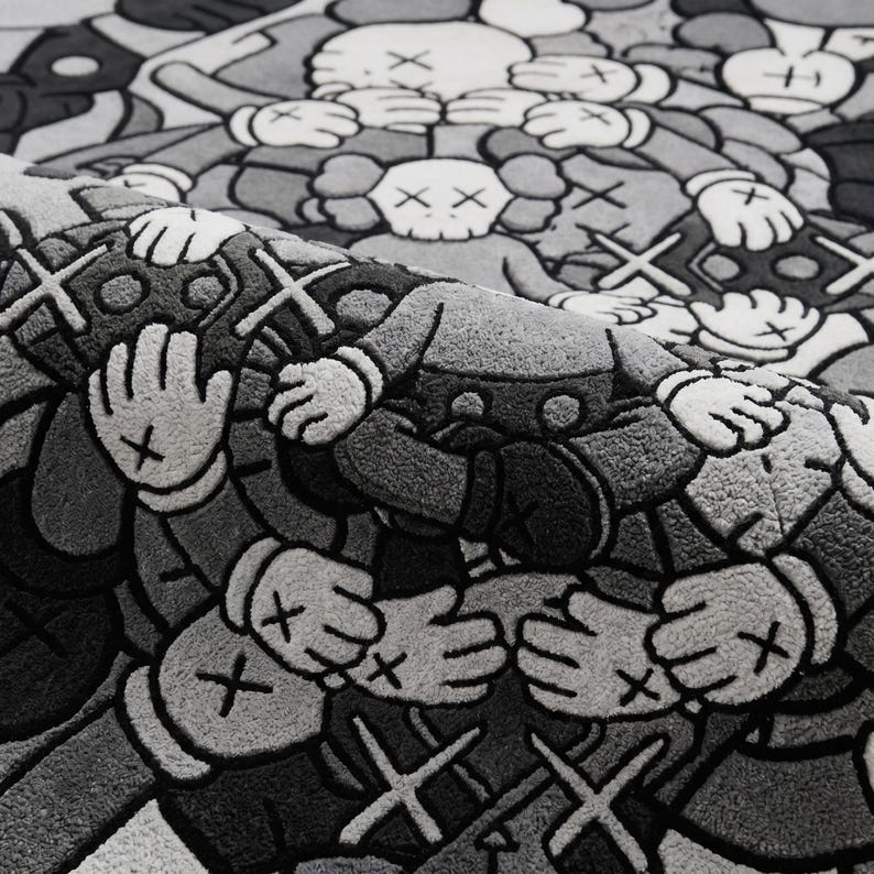 May include: A textured rug featuring a repeating pattern of cartoon-style figures with X-shaped eyes and gloved hands covering their faces. The design is rendered in shades of black, gray, and white, with a folded corner revealing the pile texture.