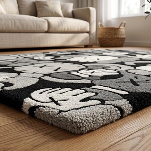 May include: A rectangular area rug featuring a repeating pattern of cartoon-style gloved hands and cross-shaped eyes in a monochromatic color palette of black, white, and various shades of gray, with a textured, tufted surface finish.