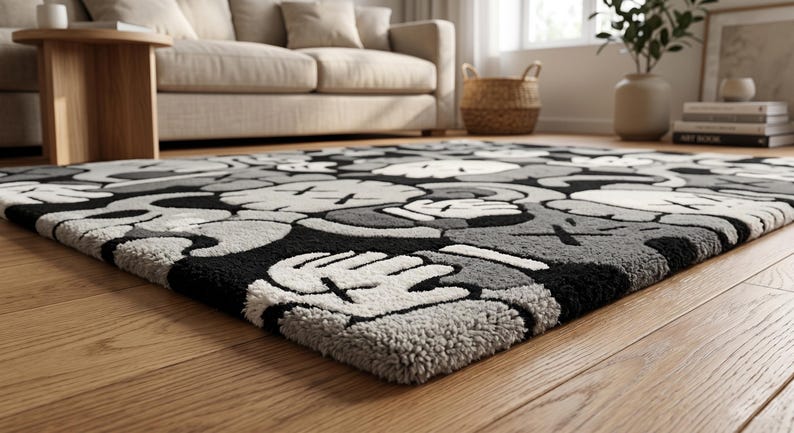 May include: A rectangular area rug featuring a repeating pattern of cartoon-style gloved hands and cross-shaped eyes in a monochromatic color palette of black, white, and various shades of gray, with a textured, tufted surface finish.