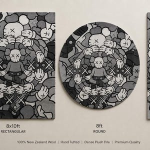 May include: Three rugs in rectangular, round, and runner shapes featuring a grayscale cartoon character pattern with X-shaped eyes. Text labels indicate sizes of 8x10ft, 8ft, and 2.5x9ft. Additional text notes 100% New Zealand Wool, Hand Tufted, Dense Plush Pile.