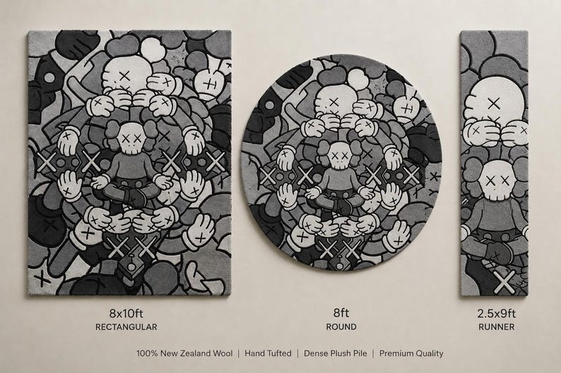 May include: Three rugs in rectangular, round, and runner shapes featuring a grayscale cartoon character pattern with X-shaped eyes. Text labels indicate sizes of 8x10ft, 8ft, and 2.5x9ft. Additional text notes 100% New Zealand Wool, Hand Tufted, Dense Plush Pile.