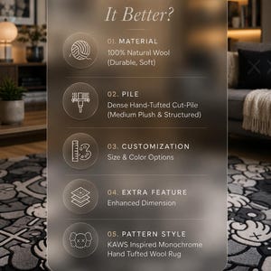 May include: A rectangular frosted overlay displays text titled What Makes It Better? listing five features of a monochrome hand-tufted wool rug. The rug features a KAWS-inspired graphic pattern in shades of gray, black, and white with a dense pile.