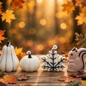 Puede incluir: Un conjunto de cuatro velas decorativas con forma de calabaza alargada, calabaza redonda, hoja de arce y ardilla. Cada vela es de color blanco roto con detalles en marrón oscuro en las nervaduras y contornos, con una pequeña mecha central.