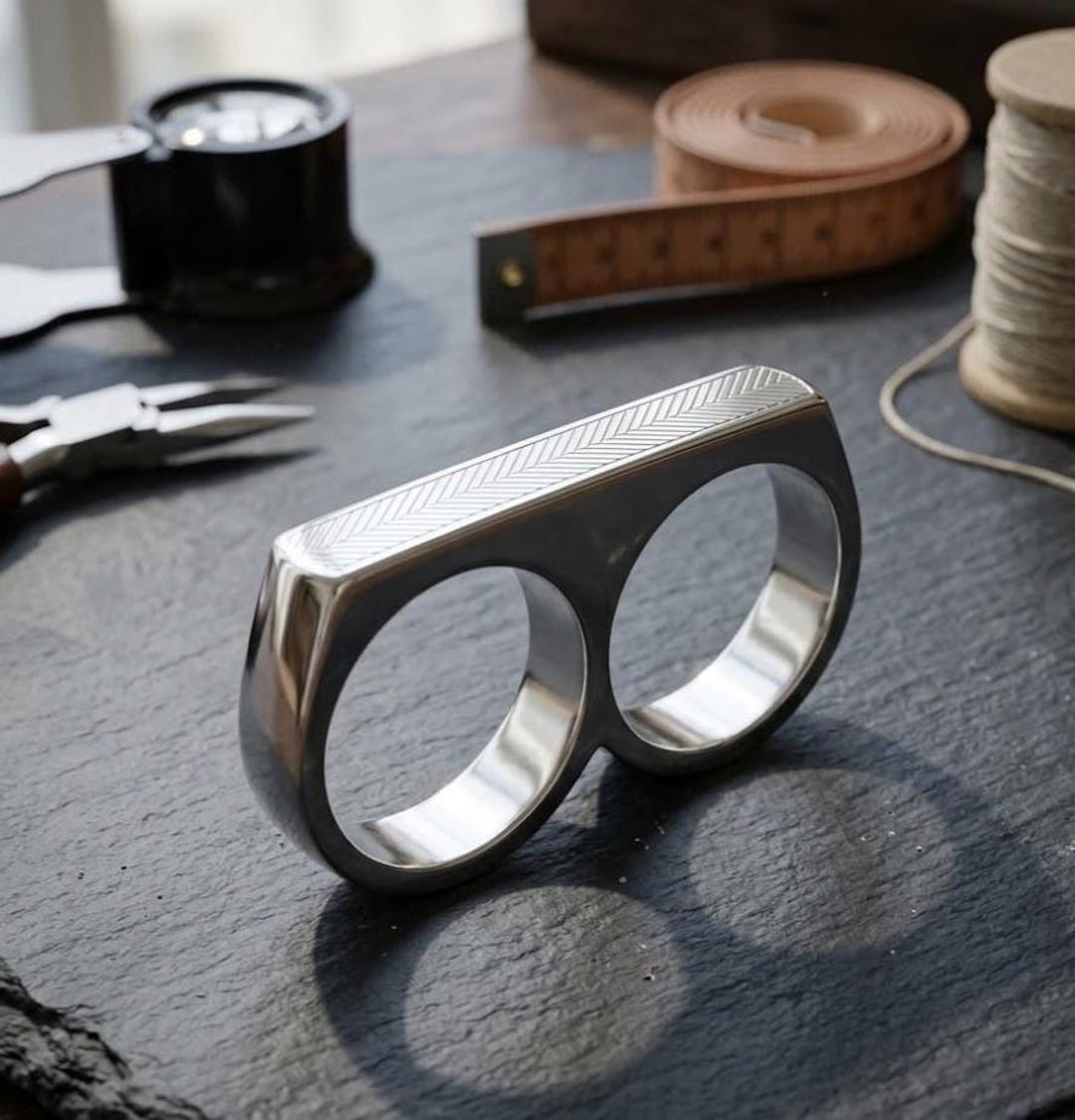 Handmade Chevron Engraved Double Finger Ring, Industrial Minimalist ...