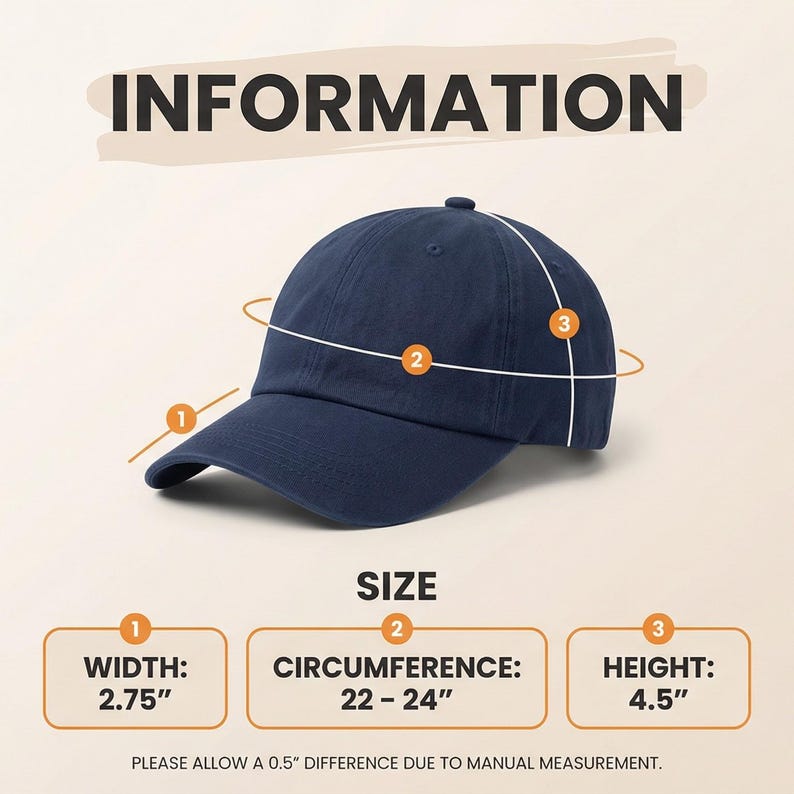 May include: A navy blue baseball cap with a curved brim. The cap's width is 2.75 inches, circumference is 22-24 inches, and height is 4.5 inches. The image includes the word "INFORMATION" and the word "SIZE".