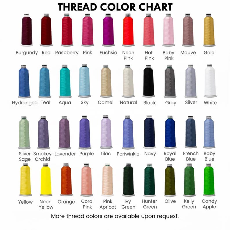 May include: A thread color chart featuring forty spools of embroidery thread arranged in four rows. Each spool is labeled with its corresponding color name, including burgundy, red, pink, gold, black, white, blue, green, and various other shades.