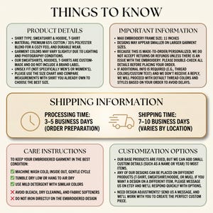 May include: An informational graphic titled THINGS TO KNOW with sections for product details, important information, shipping, care instructions, and customization. It lists garment types, material blends, embroidery frame size of 11 inches, and washing guidelines.