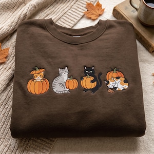 Embroidered Pumpkin Cat Sweatshirt, Fall Cat Shirt Gift, Autumn Cat Crewneck image 1