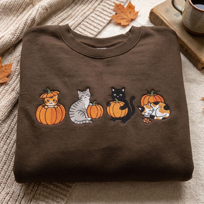 Embroidered Pumpkin Cat Sweatshirt, Fall Cat Shirt Gift, Autumn Cat Crewneck image 1