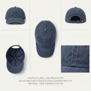 May include: A navy blue unstructured, low-profile cap made of 100% washed cotton. The cap has an adjustable buckle for a comfortable fit. The image shows the cap from multiple angles.