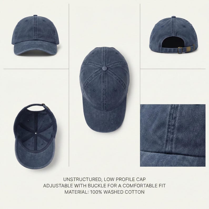 May include: A navy blue unstructured, low-profile cap made of 100% washed cotton. The cap has an adjustable buckle for a comfortable fit. The image shows the cap from multiple angles.