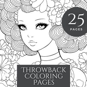 May include: Black and white line art colouring book cover featuring a woman with floral hair and a floral design. The cover includes the text "THROWBACK COLORING PAGES" and "MIX-N-MAX COLORING PAGES". A circular graphic indicates "25 PAGES".