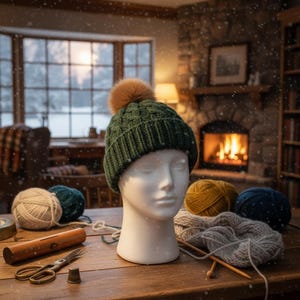 以下が含まれることがあります： 茶色のポンポンが付いた緑色のニット帽が白いマネキンの頭に置かれています。帽子は、糸、編み針、ハサミが置かれた木製のテーブルにあります。背景には暖炉と雪の降る窓があります。