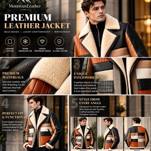 Puede incluir: Una chaqueta de cuero multicolor con un dise&ntilde;o de parches en paneles negros, tostados y marrones, con cuello y forro interior de piel de oveja color crema. La chaqueta incluye un cierre de cremallera frontal y mangas largas con detalles texturizados.