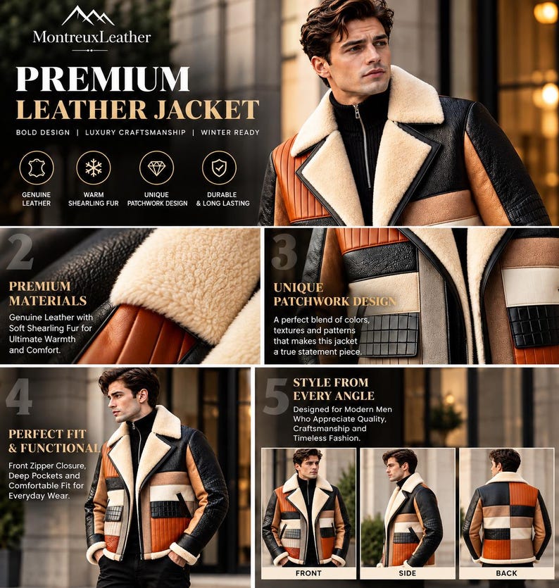 Puede incluir: Una chaqueta de cuero multicolor con un dise&ntilde;o de parches en paneles negros, tostados y marrones, con cuello y forro interior de piel de oveja color crema. La chaqueta incluye un cierre de cremallera frontal y mangas largas con detalles texturizados.