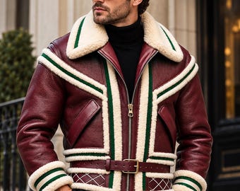 Chaqueta de piel burdeos con forro de borrego para hombre, abrigo aviador con ribete verde, chaqueta de invierno de piel de oveja, chaqueta de motorista con cinturón.