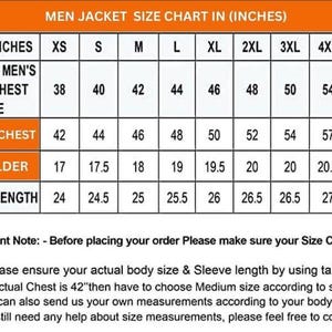 Puede incluir: Una tabla de tallas para chaquetas en blanco y naranja con texto negro y l&iacute;neas de cuadr&iacute;cula. La tabla enumera tallas desde XS hasta 5XL, incluyendo medidas en pulgadas para pecho, chaqueta, hombros y largo de manga. Instrucciones incluidas.