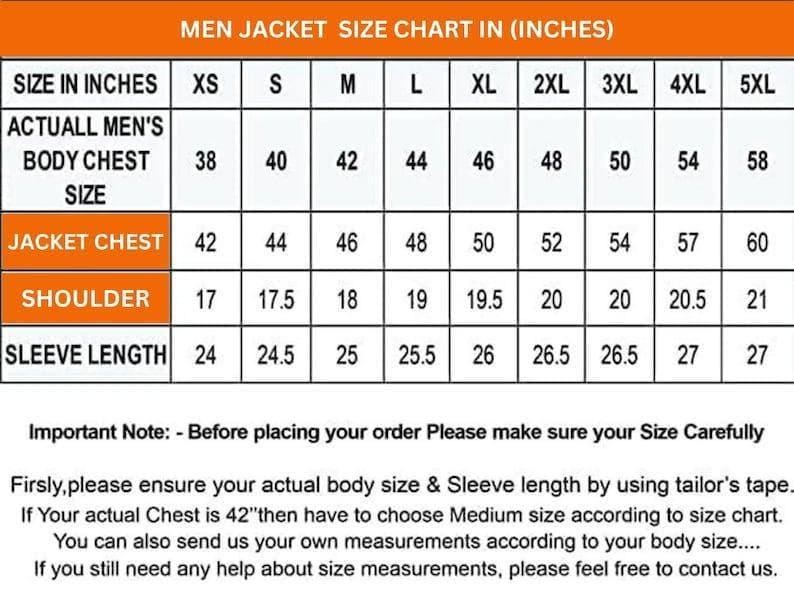 Puede incluir: Una tabla de tallas para chaquetas en blanco y naranja con texto negro y l&iacute;neas de cuadr&iacute;cula. La tabla enumera tallas desde XS hasta 5XL, incluyendo medidas en pulgadas para pecho, chaqueta, hombros y largo de manga. Instrucciones incluidas.