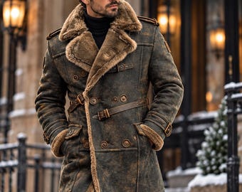 Abrigo de piel de oveja para hombre, gabardina forrada de piel, abrigo de invierno vintage, abrigo largo estilo aviador.