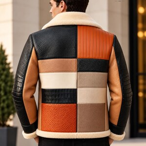 Puede incluir: Una chaqueta de bloques de color con cuello y dobladillo de piel de oveja color crema. El panel trasero muestra un dise&ntilde;o de patchwork de texturas de cuero negro, tostado, beige y naranja. Las mangas son negras con detalles tostados. Texto MontreuxLeather.