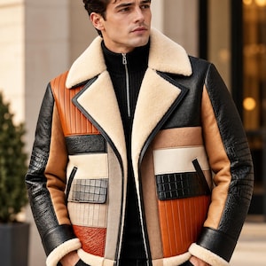 Patchwork Shearling Leather Jacket, Handmade Colorblock Sheepskin Coat, Vintage Aviator Biker Jacket