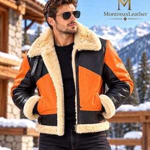Chaqueta de hombre de piel de oveja naranja y negra, estilo aviador, tipo bomber, para invierno.