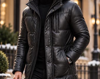 Cappotto lungo da uomo in pelle nera, cappotto invernale con cappuccio, giacca imbottita in pelle, cappotto caldo trapuntato, capospalla urbano da uomo