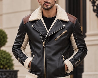 Chaqueta de motociclista de cuero negro para hombre con cuello de piel de oveja, chaqueta de moto cálida, abrigo de aviador de invierno, chaqueta de moto elegante