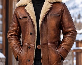Abrigo de piel de oveja marrón para hombre, chaqueta de invierno de auténtica piel de oveja, abrigo largo de aviador forrado de piel.