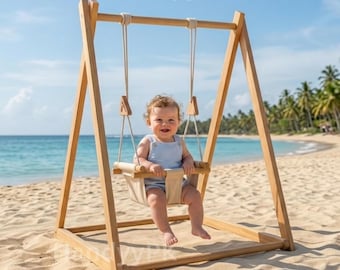 Wooden Baby Swing Set with Stand , Foldable Indoor Baby Swing Set with Seat Belt , Indoor and Outdoor Swing For Baby , Gifts For Baby's