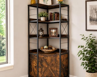 Tall Industrial Corner Bookshelf With Cabinet, L Shaped Modern Bookcase